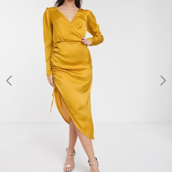 MIDI wrap dress with gathered side in gold size 8 - Picture 1 of 4